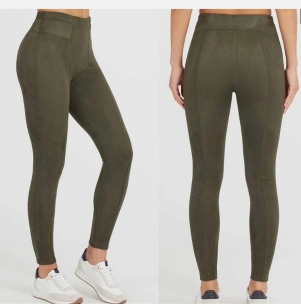 SPANX Olive Green Faux Suede Leggings - Size Large